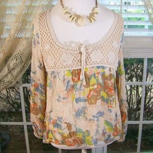Sanctuary Hi Lo Hem Peasant Top Crochet Tie S